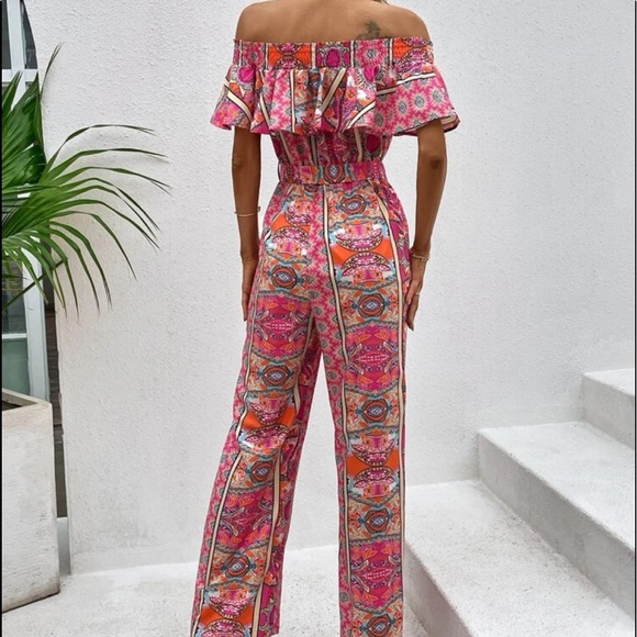 Boho Floral Paisley Print Off Shoulder Belted Wide Leg Jumpsuit - Picture 2 of 5